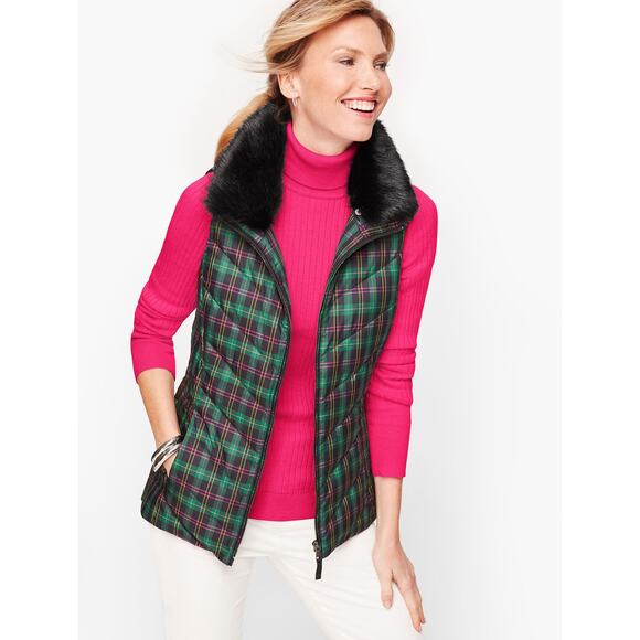 Talbots Tartan Down Faux Fur Collar Puffer Vest Size Medium - Picture 1 of 6